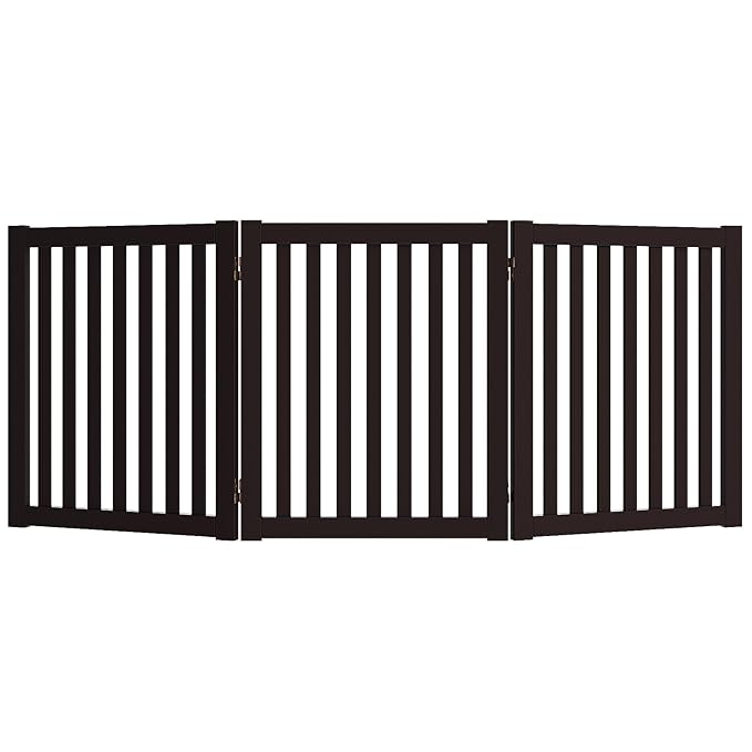 WELLAND 24" Freestanding Pet Gate, Foldable Indoor Wooden Dog Puppy Gate, 3 Panel Step Over Fence, Expands Up to 60" Wide, Espresso