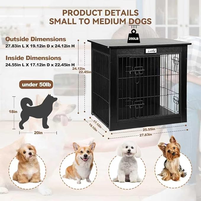 Black Dog Crate Furniture with Reversible Side Door, Wooden Indoor Dog Kennel for Small Medium Dogs, End Table Dog Crate with Double Locks, Heavy Duty Steel Mesh Furniture Style Dog Cage