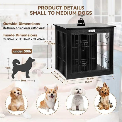 Black Dog Crate Furniture with Reversible Side Door, Wooden Indoor Dog Kennel for Small Medium Dogs, End Table Dog Crate with Double Locks, Heavy Duty Steel Mesh Furniture Style Dog Cage