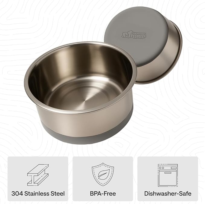 GORILLA GRIP Dog Bowls, Food Grade 304 Stainless Steel, Holds 2 Cups Each (16 fl oz) Food and Water Bowl for Feeding Dogs and Cats, Dishwasher Safe, Rust Resistant, BPA Free Rubber Base Set of 2 Gray