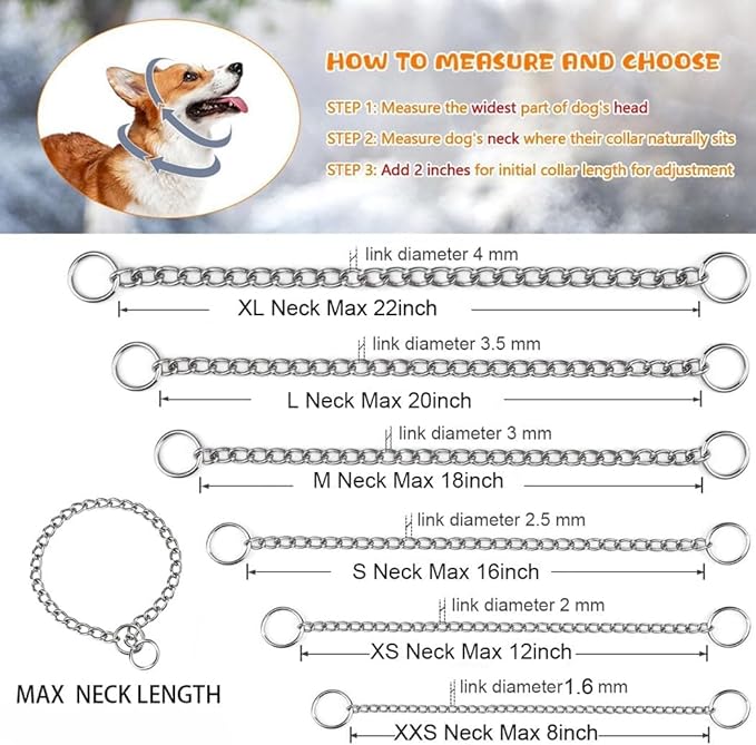 Chain Choke Collar for Dogs, Metal Slip Link Training Heavy Duty Dog Collar Martingale Puppy Collars for XXS XS Small Medium Large Big XL Breed Dogs (Silver, M(Neck Max 18inch) D3mm)