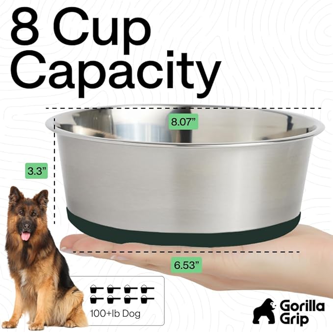 GORILLA GRIP Dog Bowls, Food Grade 304 Stainless Steel, Holds 8 Cups Each (64 fl oz) Food and Water Bowl for Feeding Dogs and Cats, Dishwasher Safe, Rust Resistant, BPA Free Rubber Base Set of 2 Green