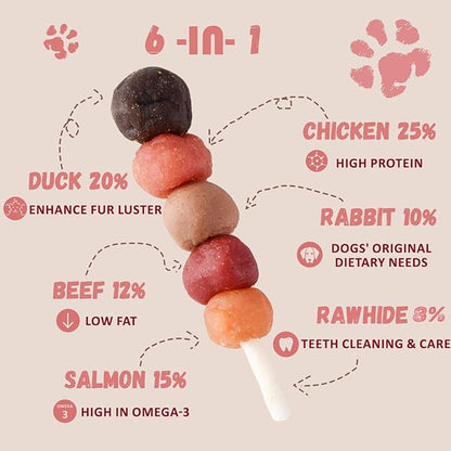 Pawmate 6-in-1 Kabobs Dog Treats, Multi-Flavor Jerky Treats Made with Chicken, Duck, Salmon, Beef, and Rabbit on Rawhide Sticks, Healthy Long Lasting Dog Chews for Small Medium Large Dogs, 10.6 oz