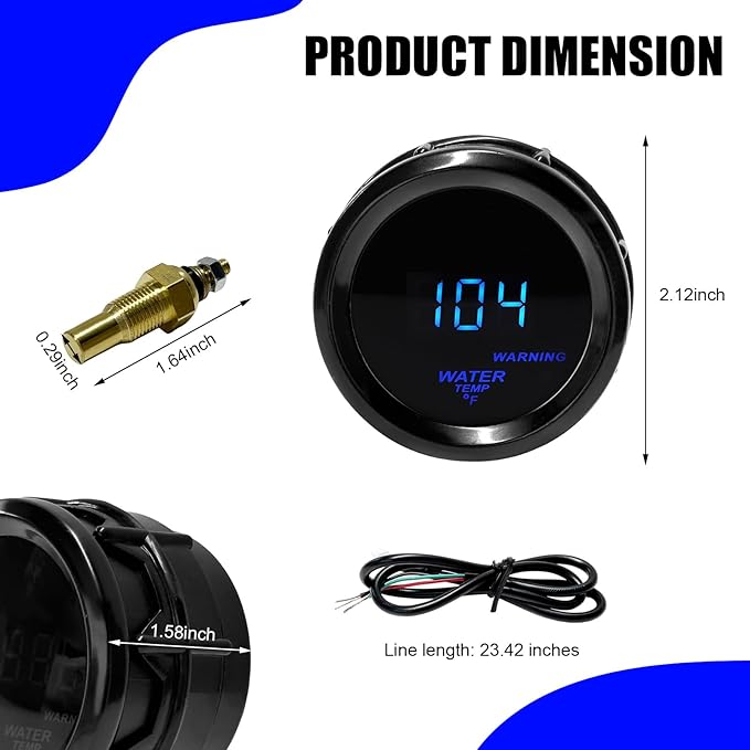 2" 52mm Water Temperature Gauge, 104-302℉ Water Temp Thermometer Meter Kit with Sensor Adapter, DC12V LED Display Fahrenheit & Celsius Temp Gauge for Car Truck RV Marine Boat