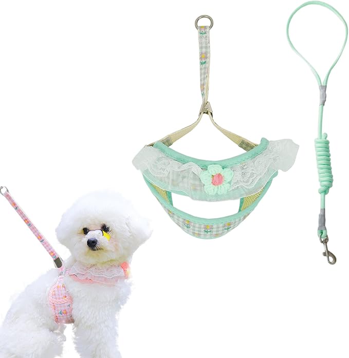 Cat Harness Collar and Leash Set, Sweet Lace Floral Kitten Collar, Escape Proof Puppy Chest Harness, Adjustable Cute Harness Leash Set for Cat Puppy Dog Outdoor Walking (Green, M)