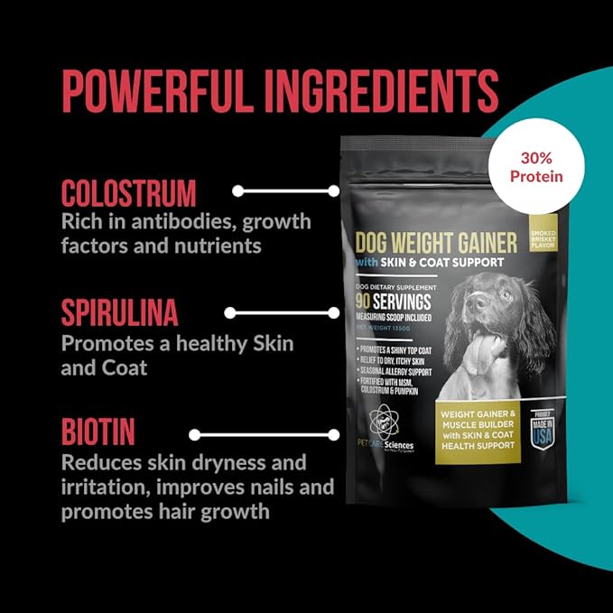 Dog Weight Gainer with Skin & Coat Support - Weight Gain Supplements for Dogs - Canine and Dog Muscle Builder - Protein Powder - High Calorie Food Supplement - 90 Servings