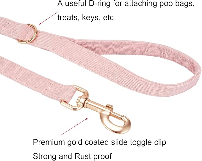 Soft Cotton Dog Leash, 5 Ft Heavy Duty Corduroy Dog Leashes with Gold Metal Hook for Small Medium Large Dogs,Small,Light Pink