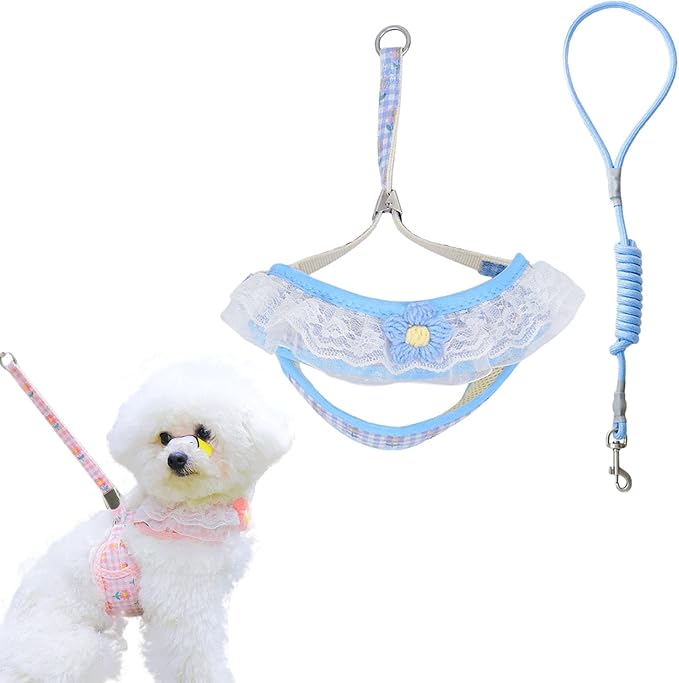 Cat Harness Collar and Leash Set, Sweet Lace Floral Kitten Collar, Escape Proof Puppy Chest Harness, Adjustable Cute Harness Leash Set for Cat Puppy Dog Outdoor Walking (Blue, M)