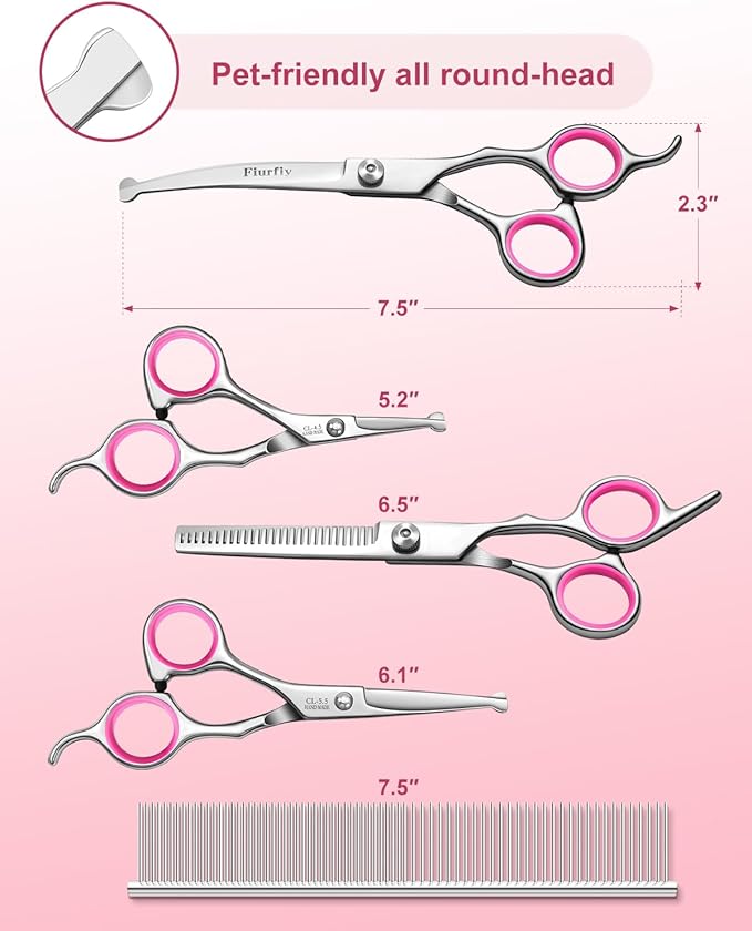 Furry Professional Pet Grooming Scissors with Safety Round Heads - 6 in 1 Curved Scissors for Dogs and Cats
