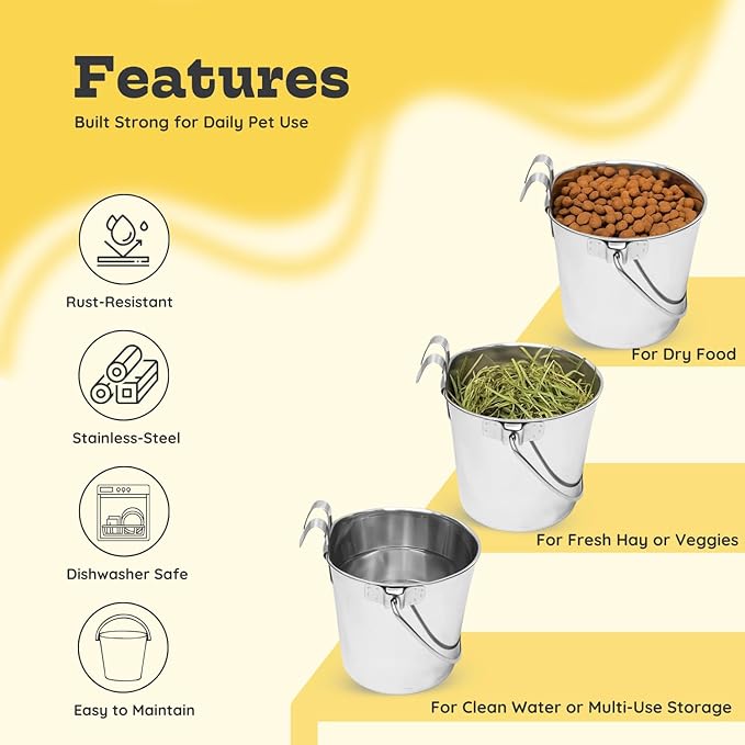 1 Quart Stainless Steel Flat Sided Bucket with Dual Hooks | 2 Pcs Durable Food & Water Bowl for Dog Cats Bird & Small Animals | Fits kennel Cage Crates Hanging Pet Pail | Multipurpose use