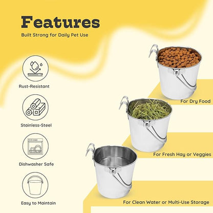 1 Quart Stainless Steel Flat Sided Bucket with Dual Hooks | 2 Pcs Durable Food & Water Bowl for Dog Cats Bird & Small Animals | Fits kennel Cage Crates Hanging Pet Pail | Multipurpose use