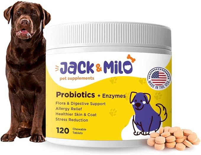 Jack & Milo - Probiotics for Dogs, Digestive Enzymes, Allergy & Immune Support Probiotic-Dog Probiotics, Veterinary Grade, 7.5 Billion CFU's +Pancreatic 4X, Unique Blend- USA Made, 120 Tablets
