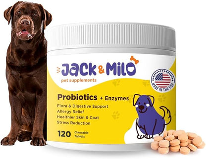 Jack & Milo - Probiotics for Dogs, Digestive Enzymes, Allergy & Immune Support Probiotic-Dog Probiotics, Veterinary Grade, 7.5 Billion CFU's +Pancreatic 4X, Unique Blend- USA Made, 120 Tablets