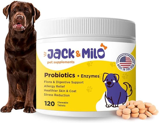 Jack & Milo - Probiotics for Dogs, Digestive Enzymes, Allergy & Immune Support Probiotic-Dog Probiotics, Veterinary Grade, 7.5 Billion CFU's +Pancreatic 4X, Unique Blend- USA Made, 120 Tablets