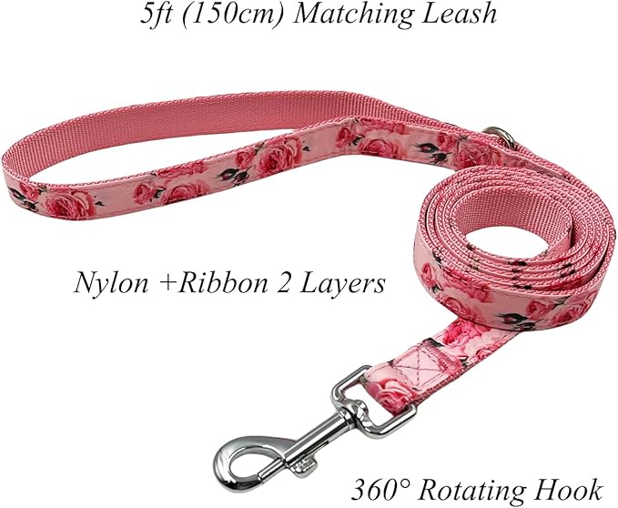 Dog Collar Leash Set, Floral Pattern, Nylon Webbing Plus Cotton Ribbon, 5ft Matching Leash, for Medium Dogs.(M, Pink Rose)