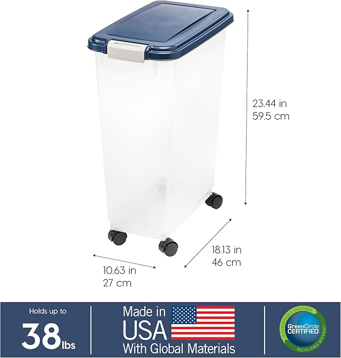 IRIS USA Dog Food Storage Container 38 lb, Airtight Large Pet Food Storage Bin with Wheels, for Dog Cat Bird Chicken Food, Holds Up to 38 Lbs, Keep Fresh, BPA Free, Made in USA, Navy
