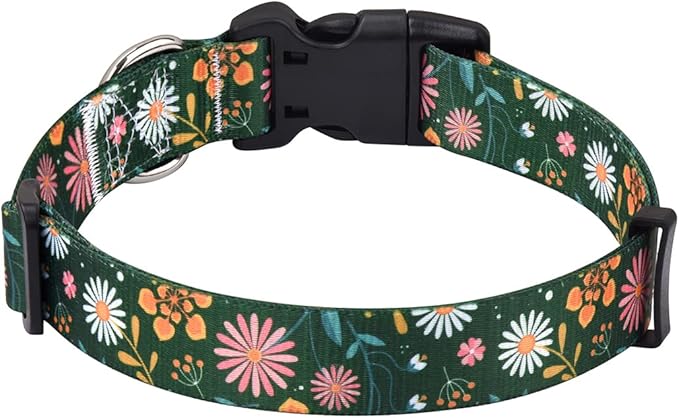 Mihqy Dog Collar with Bohemia Floral Tribal Geometric Patterns - Soft Ethnic Style Collar Adjustable for Small Medium Large Dogs(Dark Green Flower,L)