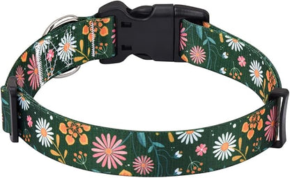 Mihqy Dog Collar with Bohemia Floral Tribal Geometric Patterns - Soft Ethnic Style Collar Adjustable for Small Medium Large Dogs(Dark Green Flower,L)