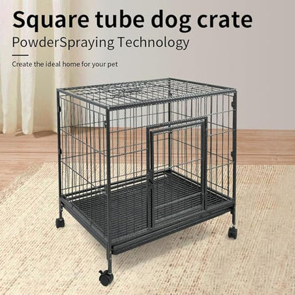 24" Heavy Duty Dog Crate, Escape Proof Double Door Dog Kennel with Removable Trays & Lockable Wheels, Stackable Dog Cage, Indestructible Metal Pet Crate Indoor for High Anxiety Small Dogs