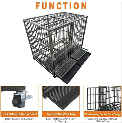 BOLDBONE 54 inch Heavy Duty Indestructible and Escape-Proof Dog Crate Cage Kennel for Large Dogs, High Anxiety Dog Crate with Removable Wire Trays and Wheels, Extra Large XL XXL, Black
