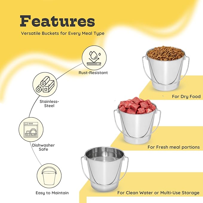 6 quart Heavy Duty Stainless Steel Round Bucket with Handle 2 Pcs | 1.5 gal Sturdy Food & Water Bowl for XL Dog Goat sheep & Livestock | Fits kennel Crate Cage Farm | Hanging Utility Pail