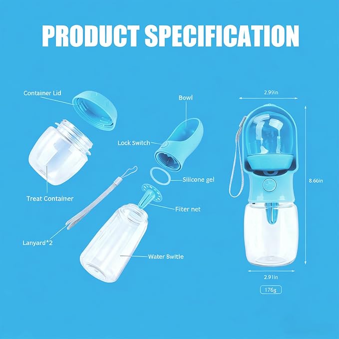 2-in-1 Dog Water Bottle with Food Container - 10oz Leak-Proof Travel Water Dispenser, Travel Water Bowl for Cats, Dogs, and Puppies - Essential for Walks, Hikes, and Travel (Blue)