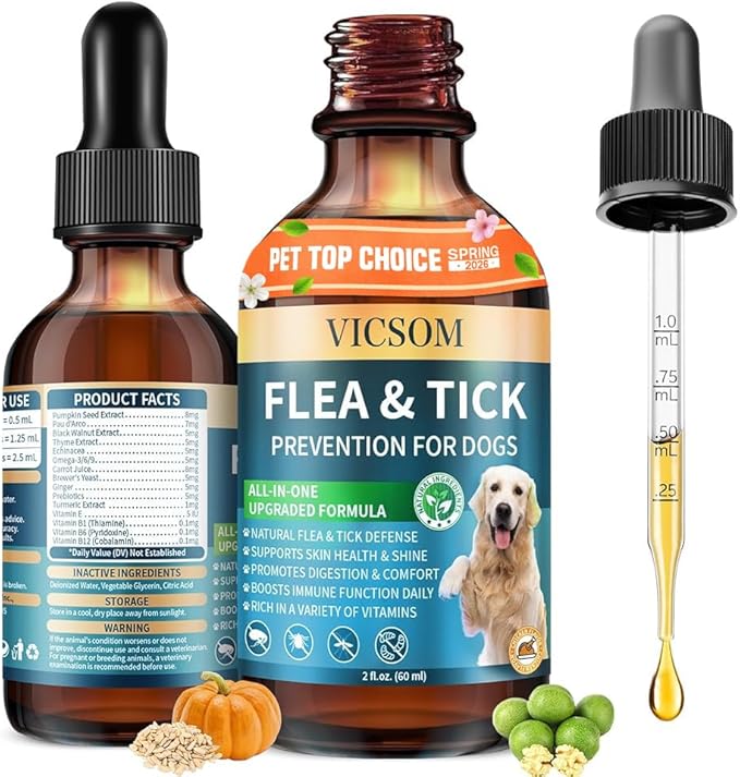 Natural Flea and Tick Prevention for Dogs, Oral Herbal Dog Flea and Tick Treatment Drops with Pumpkin Seed & Black Walnut for Dogs, Skin & Coat Care - Digestive & Immune for All Breeds and Ages, 60ml
