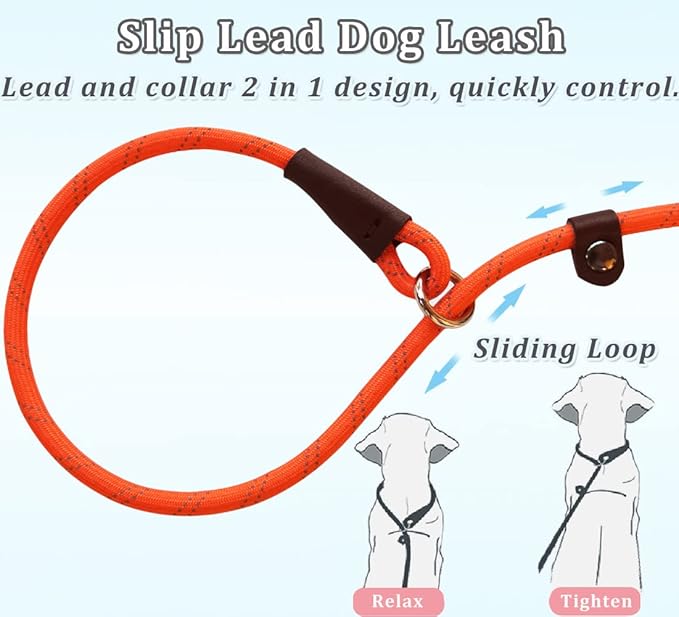 WYUZE 2-Pack 8ft Slip Lead Dog Leash, Reflective No Pull Dog Training Lead, 1/3" Nylon Rope Easy On/Off Slip Control Leash for Small Medium Dogs (Black+Orange)