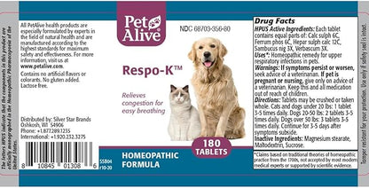 PetAlive Respo-K Tablets - Natural Homeopathic Formula for Pet Respiratory and Cold Symptoms - Reduces Sneezing, Coughing Watery Eyes, Runny Nose and Congestion in Dogs and Cats - 180 Tablets
