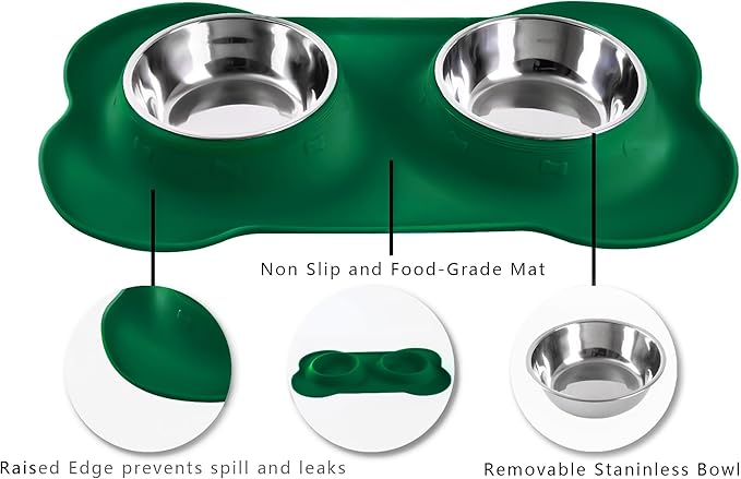 Hubulk Pet Dog Bowls 2 Stainless Steel Dog Bowl with No Spill Non-Skid Silicone Mat + Pet Food Scoop Water and Food Feeder Bowls for Feeding Small Medium Large Dogs Cats Puppies (Small, Hunter Green)