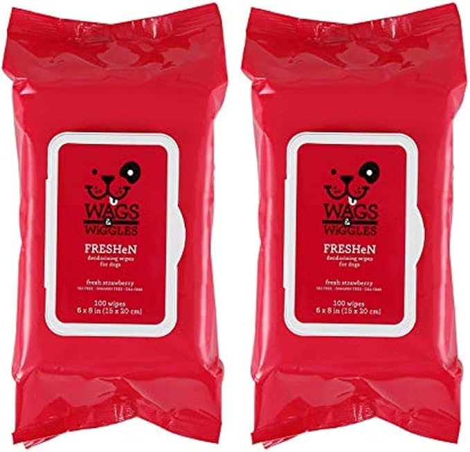 Wags & Wiggles Freshen Deodorizing Wipes for Dogs -Eliminate Odors from Your Dog's Coat -Fresh Strawberries | Easy and Convenient Way to Freshen Your Pet Without A Bath, FF12825, 100 Count (Pack of 2)