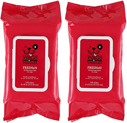 Wags & Wiggles Freshen Deodorizing Wipes for Dogs -Eliminate Odors from Your Dog's Coat -Fresh Strawberries | Easy and Convenient Way to Freshen Your Pet Without A Bath, FF12825, 100 Count (Pack of 2)