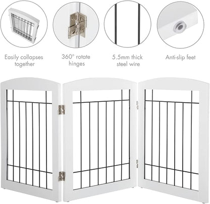 PAWLAND Free Standing Dog Gates for The House Stairs Doorways Indoor Foldable Wooden Small White Puppy Pet Gate Step Over Fence 60" W 24" H 3 Panels