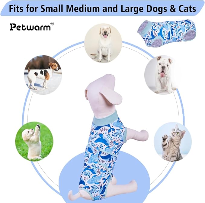 PetWarm Dog Surgery Suit, Cone of Shame Alternatives, Anti-Licking Surgical Recovery Pajamas for Dogs, Female Male Onesie for Dogs Spay Neuter, Dog Recovery Suit, Marine Animal Patterns, Blue, M