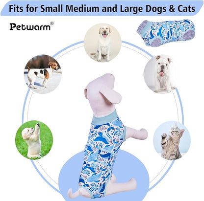 PetWarm Dog Surgery Suit, Cone of Shame Alternatives, Anti-Licking Surgical Recovery Pajamas for Dogs, Female Male Onesie for Dogs Spay Neuter, Dog Recovery Suit, Marine Animal Patterns, Blue, M