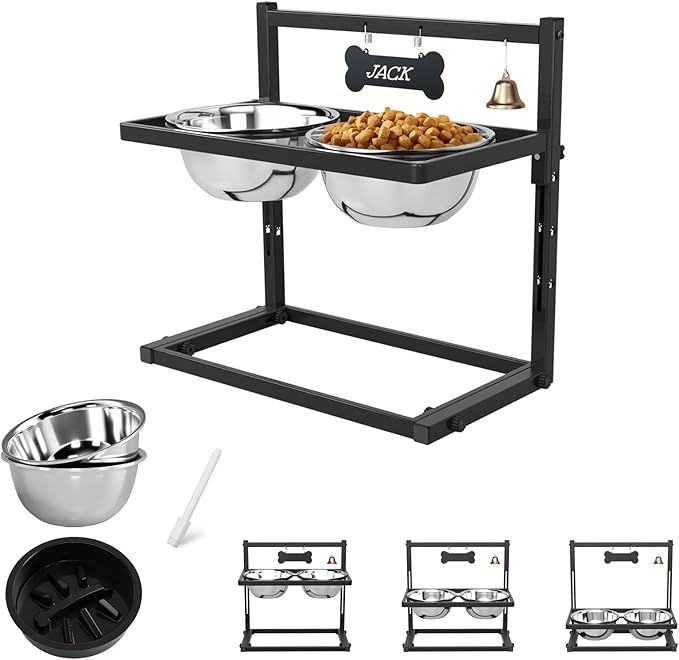 SHAINFUN Elevated Slow Feeder Dog Bowls with Mat, Adjustable Height, Tall Raised Dog Food Water Bowl Stand for Large & Medium Dogs