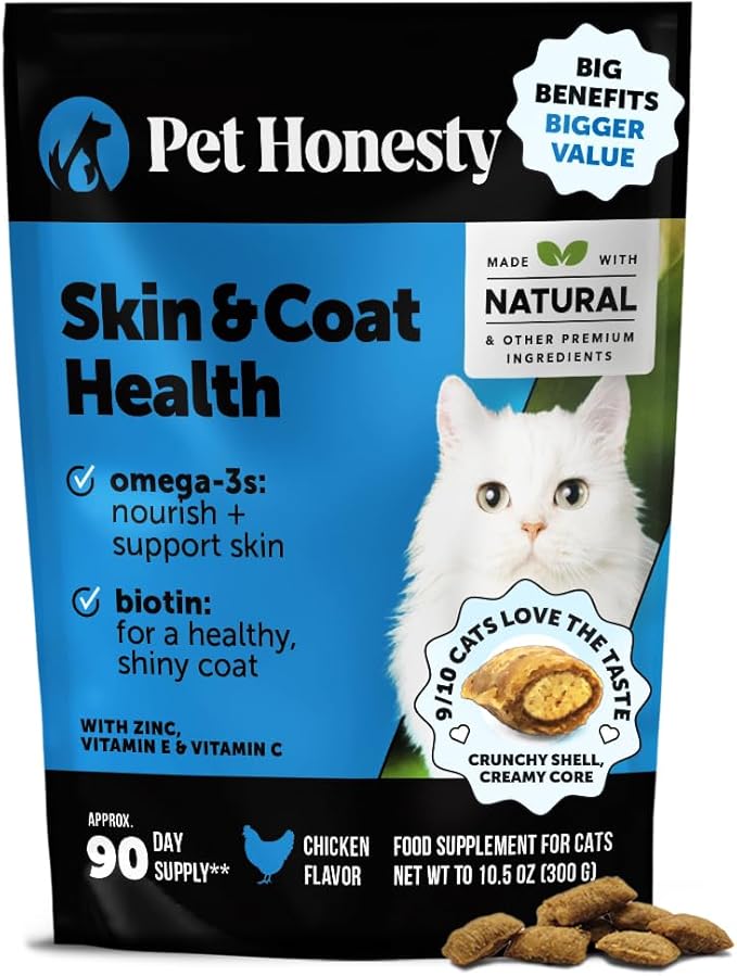 Cat Skin & Coat Health Chews – Crunchy & Creamy Treats with Omegas, Vitamin C & E, Biotin – Soothes Itchy, Dry Skin, Reduces Shedding & Promotes a Shiny Coat – Cat Vitamins (Chicken 90-Day Supply)
