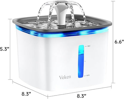 Veken Innovation Award Winner 95oz/2.8L Pet Fountain, Automatic Cat Water Fountain Dog Water Dispenser with Replacement Filters for Cats, Dogs, Multiple Pets (Grey, Plastic)