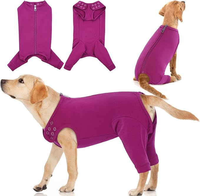 IDOMIK Dog Recovery Suit,Dog Leg Sleeve to Stop Licking Rear Legs,Thigh Wound Protective Sleeve,Male Female Pet Surgical Clothes,Doggy Surgical Suit with Pants Cover,Cone Collar Alternative,Purple,M