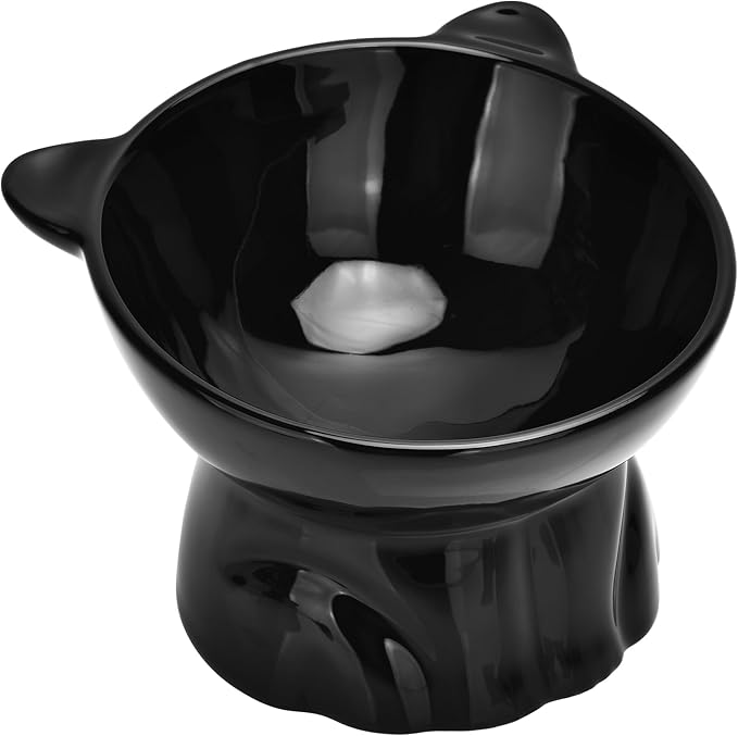 Elevated Cat Food Bowl,9 Oz Ceramic Raised and Tilted Water Bowl,Anti Vomiting and Protect Pets Spines Dishes for Fat Faced Cat, Indoor Cats,Kitten,Small Dog (Black)