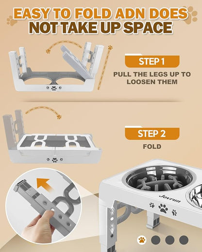 Jovrun Elevated Dog Bowls for Medium Large Size Dogs, Non-Slip Dog Feeder with 1*Stainless Steel Dishes & 1*Slow Feeder Bowl, 5 Heights Adjustable Raised Bowls to 3.15″-8.66″-9.84″-11.02″-12.2″