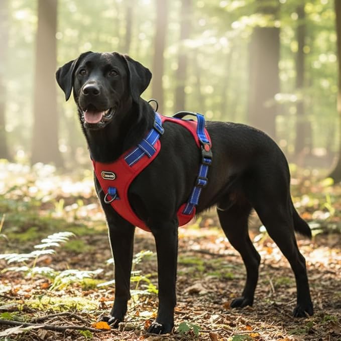 Tactical Dog Harness for Large Medium Dogs No Pull Adjustable Pet Vest with Reflective Straps Front & Back Clips Handle for Hiking Walking Hunting– 4 Sizes with or Without Leash (RED, L)