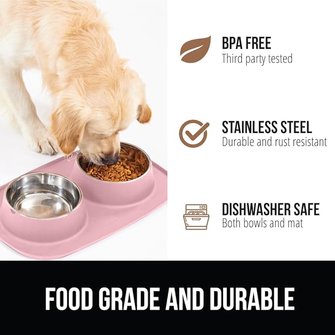 GORILLA GRIP Feeding Mat Bowl Set, 100% Waterproof BPA Free Silicone Base, 304 Stainless Steel Cat and Dog Bowls for Food and Water, Slip Resistant, High Edge, US Designed, Patent Pending, 2 Cup Pink