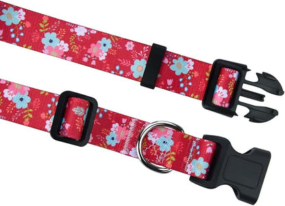 Mihqy Dog Collar and Leash Set with Bohemia Floral Tribal Geometric Patterns - Soft Ethnic Style Collar Adjustable for Small Medium Large Dogs(Red Floral Set,S)