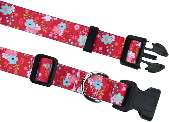 Mihqy Dog Collar and Leash Set with Bohemia Floral Tribal Geometric Patterns - Soft Ethnic Style Collar Adjustable for Small Medium Large Dogs(Red Floral Set,M)