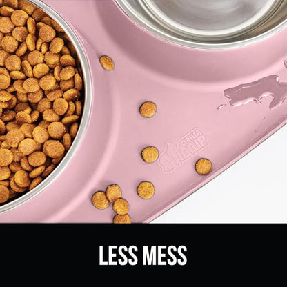 GORILLA GRIP Feeding Mat Bowl Set, 100% Waterproof BPA Free Silicone Base, 304 Stainless Steel Cat and Dog Bowls for Food and Water, Slip Resistant, High Edge, US Designed, Patent Pending, 2 Cup Pink