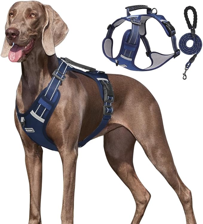 Dog Harness No Pull Adjustable Reflective,for Medium and Large Small Dog with Leash 59.06in (Dark Blue, M)