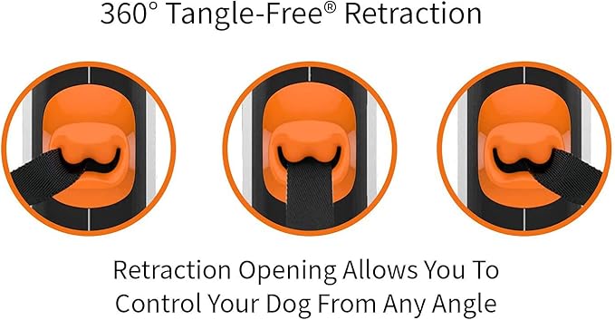 TUG 360° Tangle-Free Retractable Dog Leash with Anti-Slip Handle | 16 ft Strong Nylon Tape | One-Handed Brake, Pause, Lock (Medium, White/Orange)