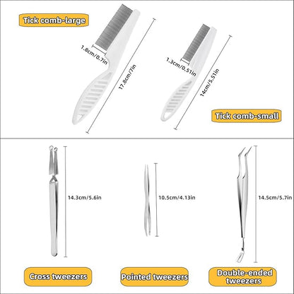 6 pcs Tick Removal Tool kit for Pets, 3 Stainless Steel Tick Tweezers with Storage Pouch and 2 Tick Comb Grooming Tools for Cats & Dogs Safe Tick Control Puller for Removal of Ticks Fleas