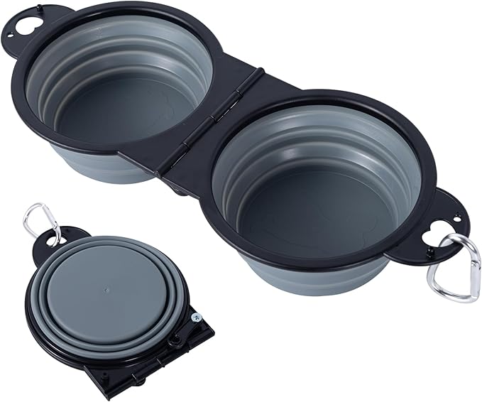SLSON Collapsible Dog Dual Bowls Reinforced Rim 180 Degrees Flip Over Foldable Double Bowl with Lock Clips More Stable Dog Travel Bowls Pet Food Water Feeder (Cold Grey)